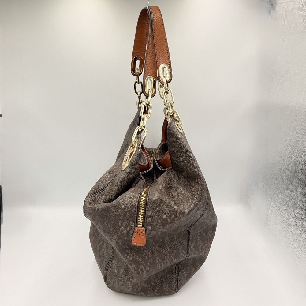 Michael Kors Fulton MK Monogram Hobo Bag Brown Chain Strap Shoulder Slouchy - Picture 6 of 16
